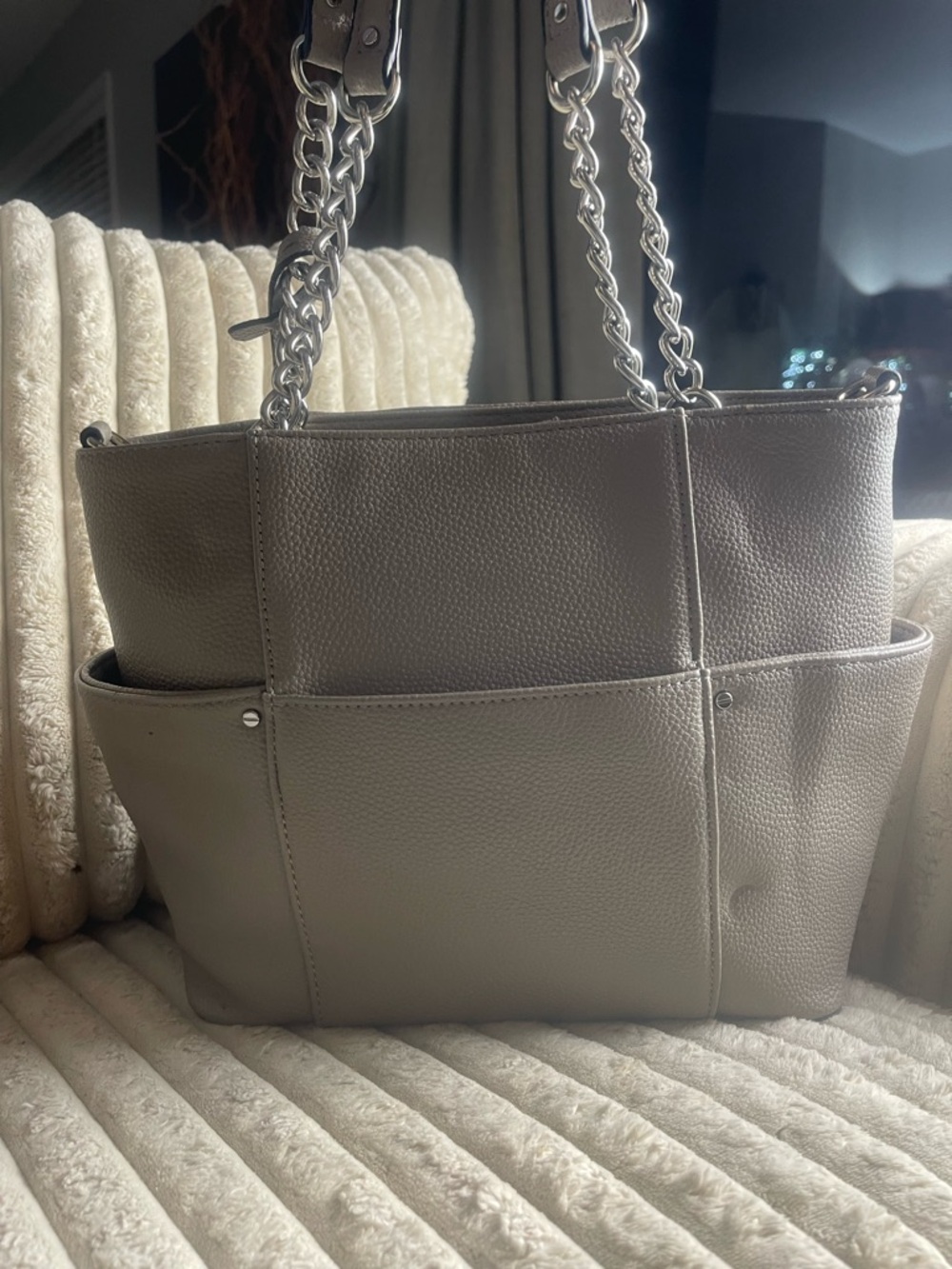Dana Buchman Taupe Pebbled Leather Shoulder Tote with Flower Charm - Picture 4 of 7